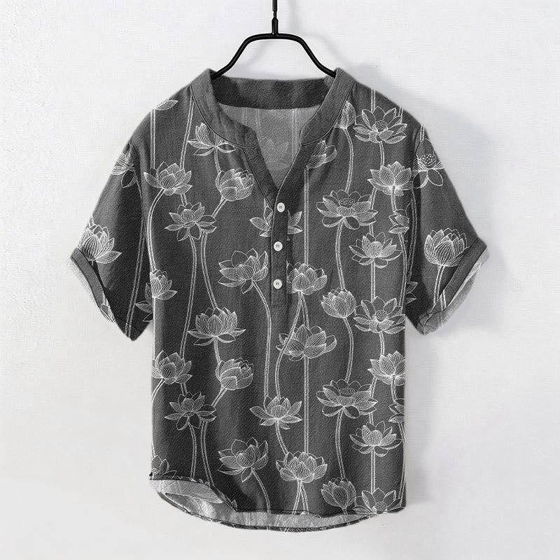 Buddha Stones Camicia da uomo a maniche corte con mezzo bottone, in cotone, con motivo a loto armonioso. - Grigio - US/UK/AU50, EU60 (5XL) - image 4