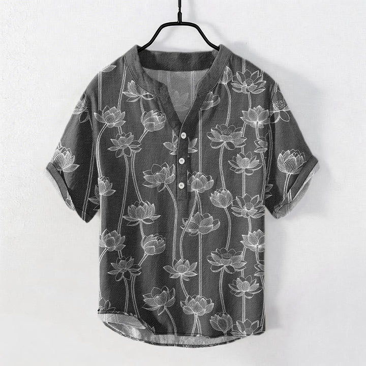 Buddha Stones Camicia da uomo a maniche corte con mezzo bottone, in cotone, con motivo a loto armonioso. - Grigio - US/UK/AU50, EU60 (5XL) - image 4