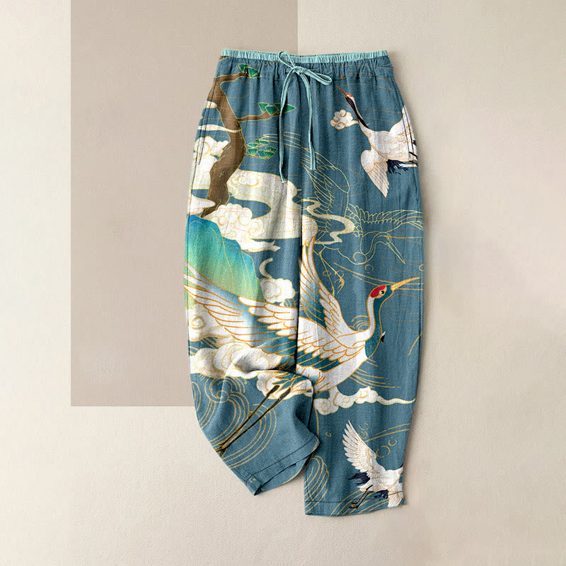 Buddha Stones Pantaloni da donna in cotone casual con stampa di gru volanti, nuvole e alberi, con elastico in vita e tasche. - Cadetto Blu - US16, UK/AU20, EU48 (3XL) - image 5