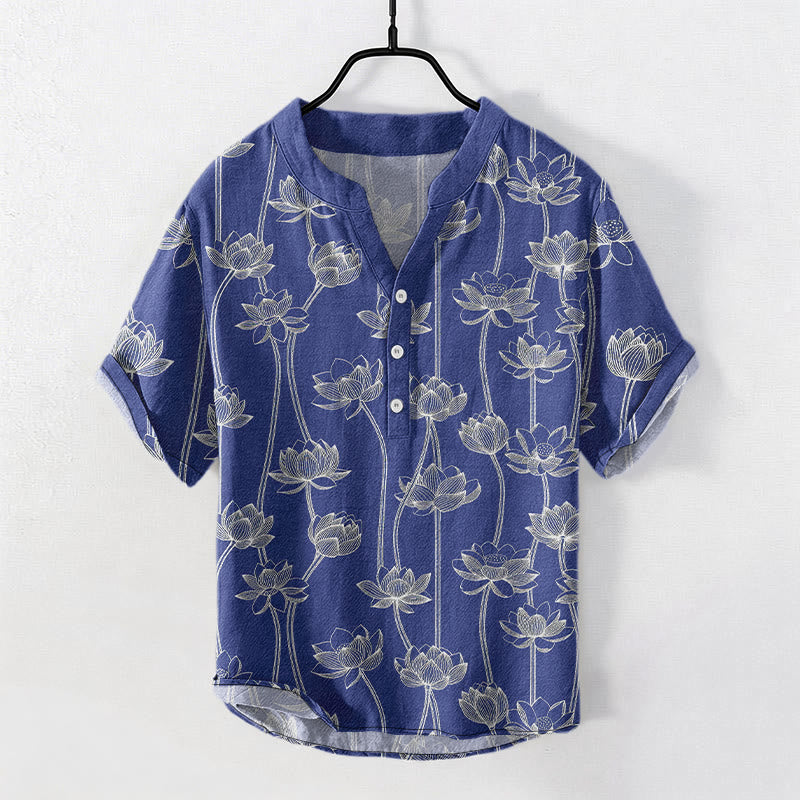 Buddha Stones Camicia da uomo a maniche corte con mezzo bottone, in cotone, con motivo a loto armonioso. - Blu scuro - US/UK/AU50, EU60 (5XL) - image 6