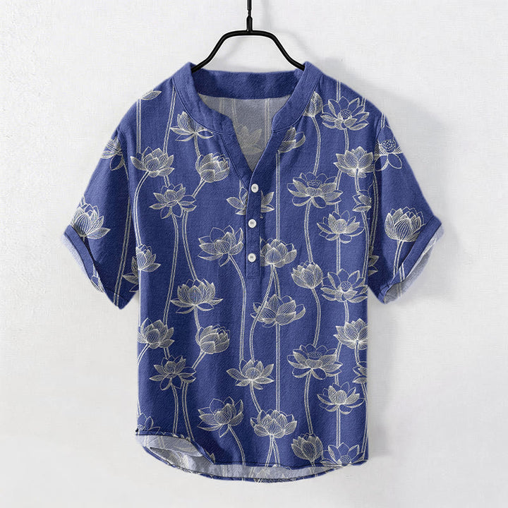 Buddha Stones Camicia da uomo a maniche corte con mezzo bottone, in cotone, con motivo a loto armonioso. - Blu scuro - US/UK/AU50, EU60 (5XL) - image 6