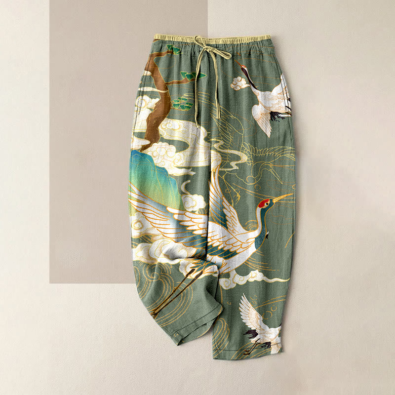 Buddha Stones Pantaloni da donna in cotone casual con stampa di gru volanti, nuvole e alberi, con elastico in vita e tasche. - Verde Mare Scuro - US16, UK/AU20, EU48 (3XL) - image 4