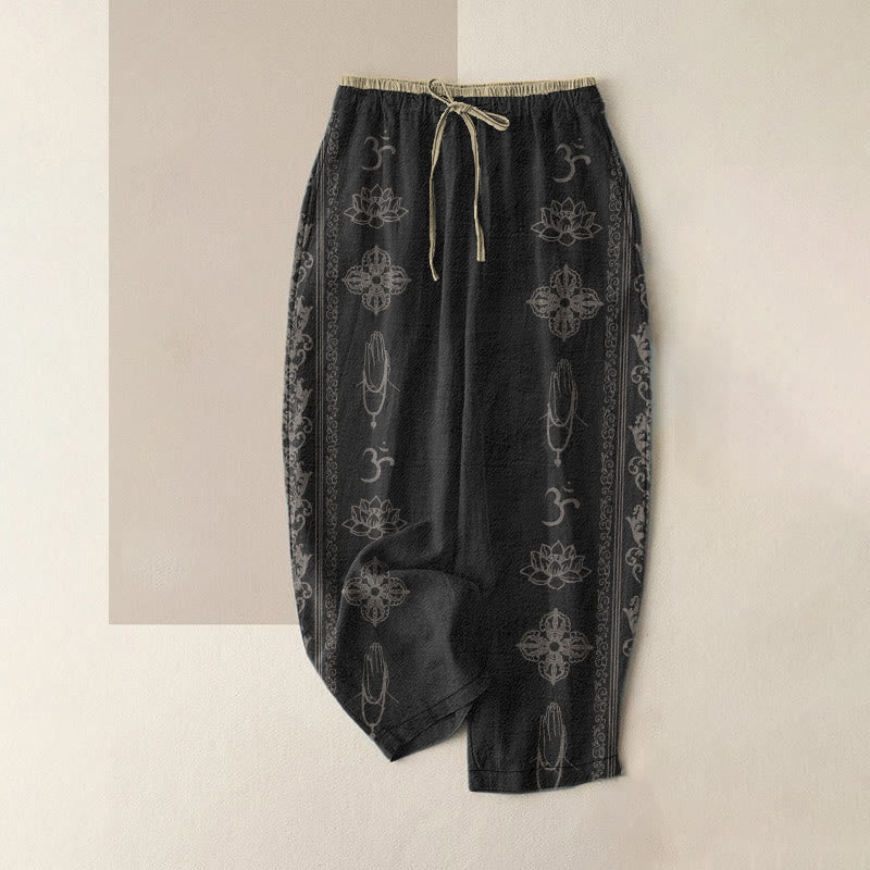 Buddha Stones Pantaloni da donna in cotone casual con elastico in vita e tasche, con stampa di fiori di loto, doppio Dorje Vajra Namaste Om e motivo a doppio Dorje. - Nero - US16, UK/AU20, EU48 (3XL) - image 0