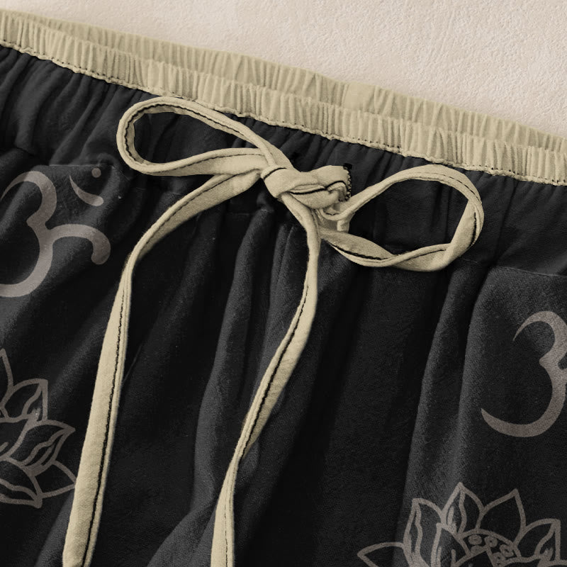 Buddha Stones Pantaloni da donna in cotone casual con elastico in vita e tasche, con stampa di fiori di loto, doppio Dorje Vajra Namaste Om e motivo a doppio Dorje. - image 1