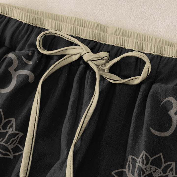 Buddha Stones Pantaloni da donna in cotone casual con elastico in vita e tasche, con stampa di fiori di loto, doppio Dorje Vajra Namaste Om e motivo a doppio Dorje. - image 1