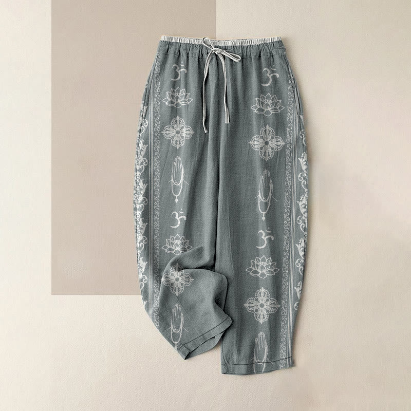 Buddha Stones Pantaloni da donna in cotone casual con elastico in vita e tasche, con stampa di fiori di loto, doppio Dorje Vajra Namaste Om e motivo a doppio Dorje. - Cadetto Blu - US16, UK/AU20, EU48 (3XL) - image 4