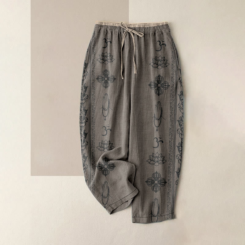 Buddha Stones Pantaloni da donna in cotone casual con elastico in vita e tasche, con stampa di fiori di loto, doppio Dorje Vajra Namaste Om e motivo a doppio Dorje. - Cachi scuro - US16, UK/AU20, EU48 (3XL) - image 5
