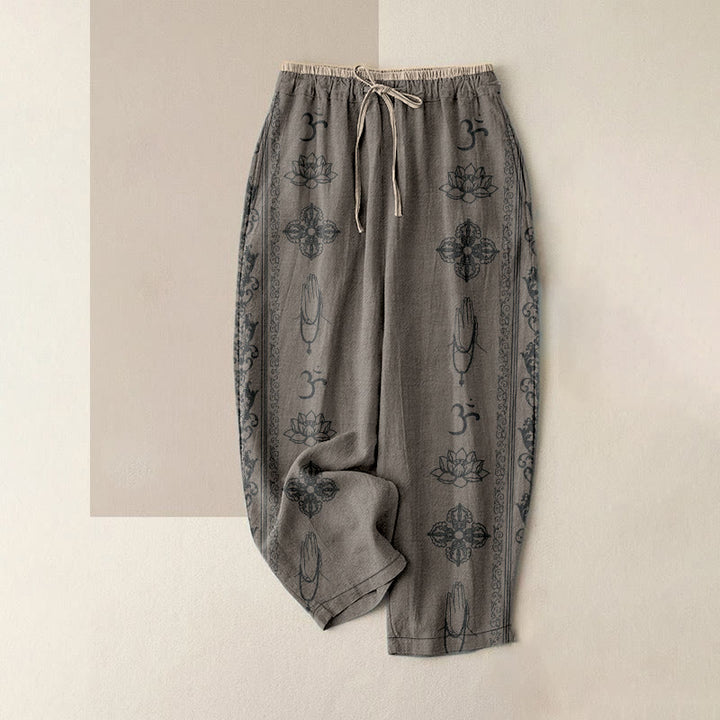 Buddha Stones Pantaloni da donna in cotone casual con elastico in vita e tasche, con stampa di fiori di loto, doppio Dorje Vajra Namaste Om e motivo a doppio Dorje. - Cachi scuro - US16, UK/AU20, EU48 (3XL) - image 5