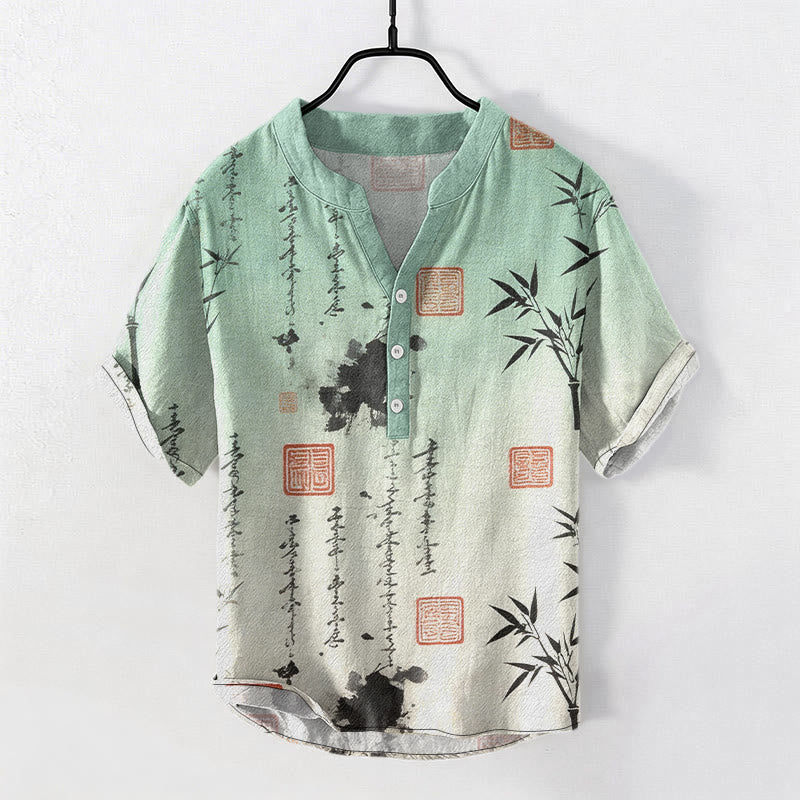 Buddha Stones Camicia da uomo a maniche corte con mezzo bottone, in cotone, con motivo calligrafico sfumato e stampa a inchiostro di bambù. - Melata - US/UK/AU50, EU60 (5XL) - image 0