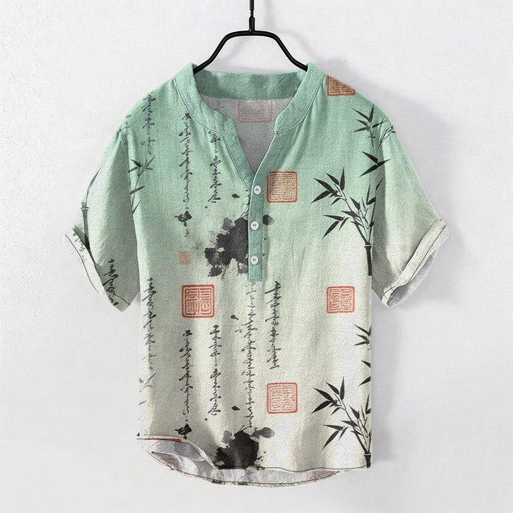 Buddha Stones Camicia da uomo a maniche corte con mezzo bottone, in cotone, con motivo calligrafico sfumato e stampa a inchiostro di bambù. - Melata - US/UK/AU50, EU60 (5XL) - image 0