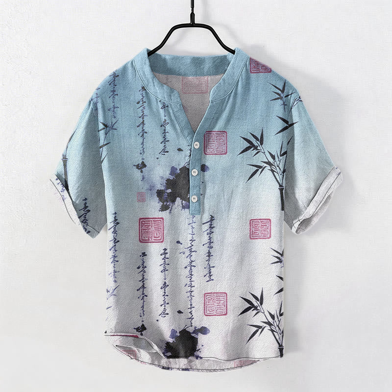 Buddha Stones Camicia da uomo a maniche corte con mezzo bottone, in cotone, con motivo calligrafico sfumato e stampa a inchiostro di bambù. - Azzurro chiaro - US/UK/AU50, EU60 (5XL) - image 4