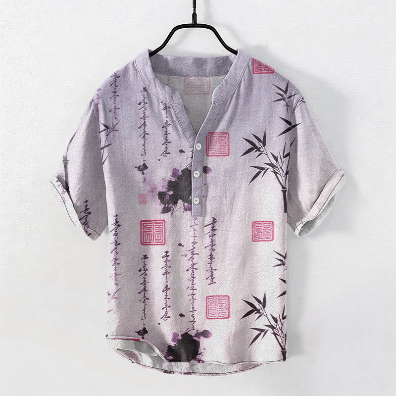 Buddha Stones Camicia da uomo a maniche corte con mezzo bottone, in cotone, con motivo calligrafico sfumato e stampa a inchiostro di bambù. - Viola medio - US/UK/AU50, EU60 (5XL) - image 6