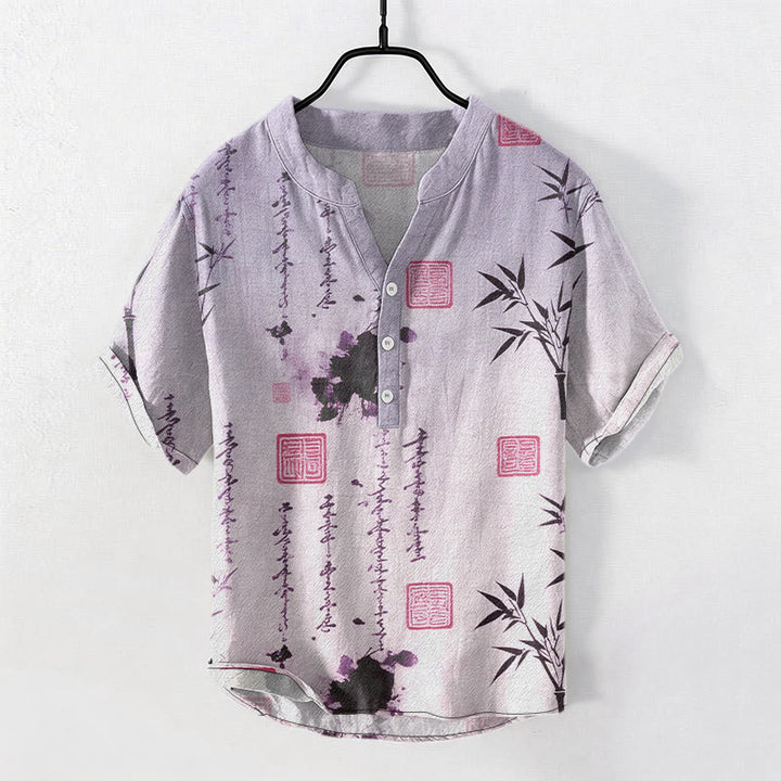 Buddha Stones Camicia da uomo a maniche corte con mezzo bottone, in cotone, con motivo calligrafico sfumato e stampa a inchiostro di bambù. - Viola medio - US/UK/AU50, EU60 (5XL) - image 6