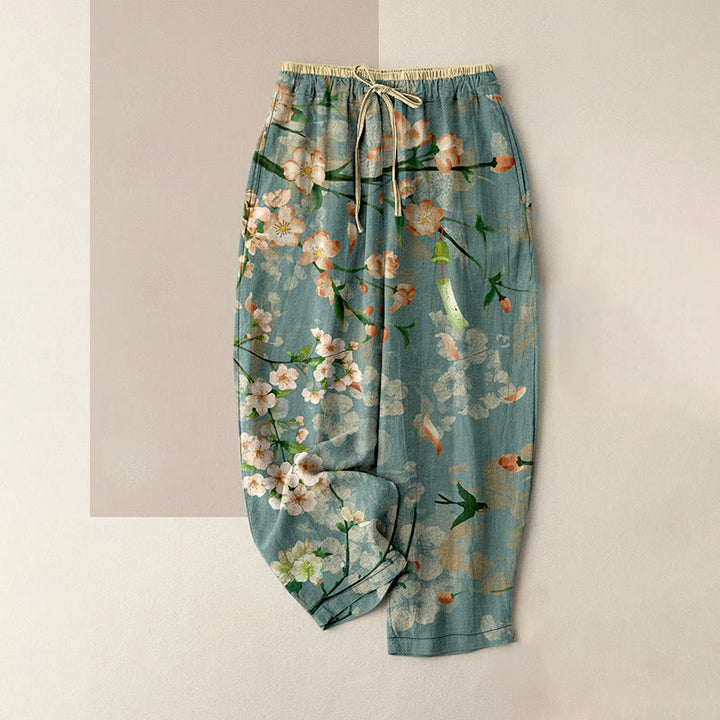 Buddha Stones Pantaloni da donna in cotone casual con elastico in vita e tasche, fantasia a fiori di pesco e oche volanti. - Acquamarina media - US16, UK/AU20, EU48 (3XL) - image 0