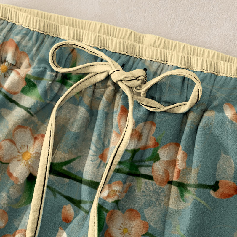 Buddha Stones Pantaloni da donna in cotone casual con elastico in vita e tasche, fantasia a fiori di pesco e oche volanti. - image 1
