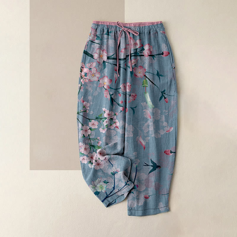 Buddha Stones Pantaloni da donna in cotone casual con elastico in vita e tasche, fantasia a fiori di pesco e oche volanti. - Blu fiordaliso - US16, UK/AU20, EU48 (3XL) - image 5