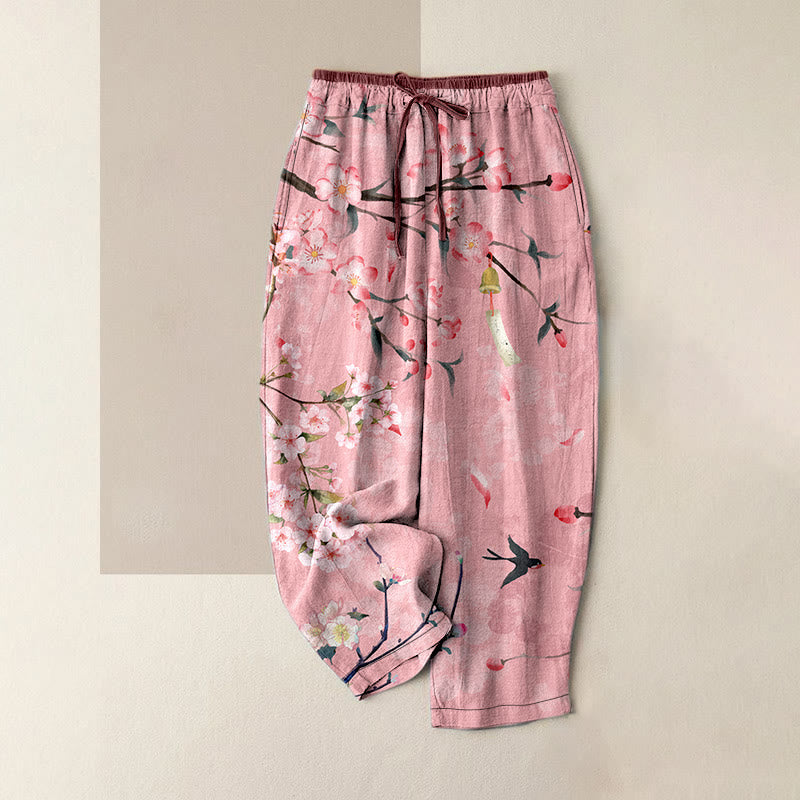 Buddha Stones Pantaloni da donna in cotone casual con elastico in vita e tasche, fantasia a fiori di pesco e oche volanti. - Rosa - US16, UK/AU20, EU48 (3XL) - image 4