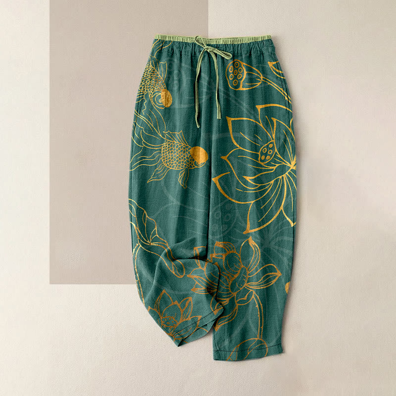 Buddha Stones Pantaloni da donna in cotone casual con elastico in vita e tasche, stampa a foglie di loto e pesci koi. - Ciano scuro - US16, UK/AU20, EU48 (3XL) - image 0