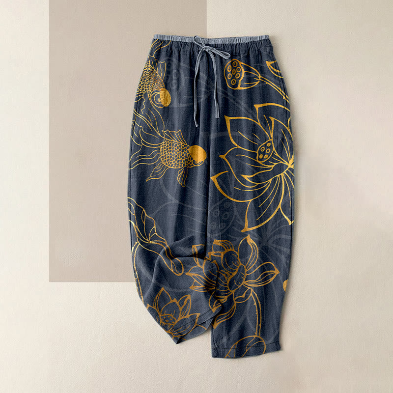 Buddha Stones Pantaloni da donna in cotone casual con elastico in vita e tasche, stampa a foglie di loto e pesci koi. - Grigio tenue - US16, UK/AU20, EU48 (3XL) - image 4