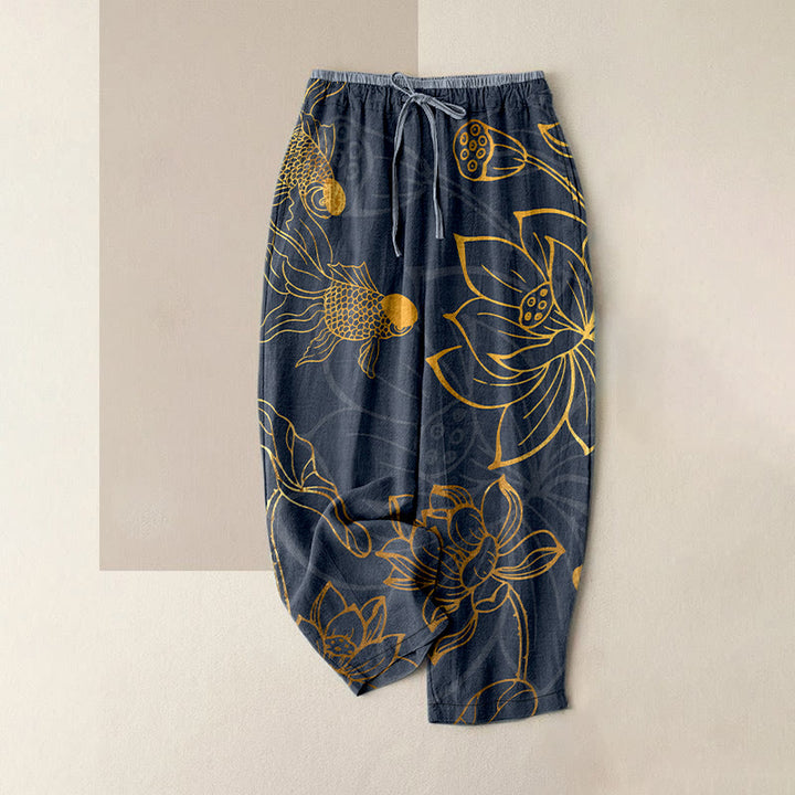 Buddha Stones Pantaloni da donna in cotone casual con elastico in vita e tasche, stampa a foglie di loto e pesci koi. - Grigio tenue - US16, UK/AU20, EU48 (3XL) - image 4