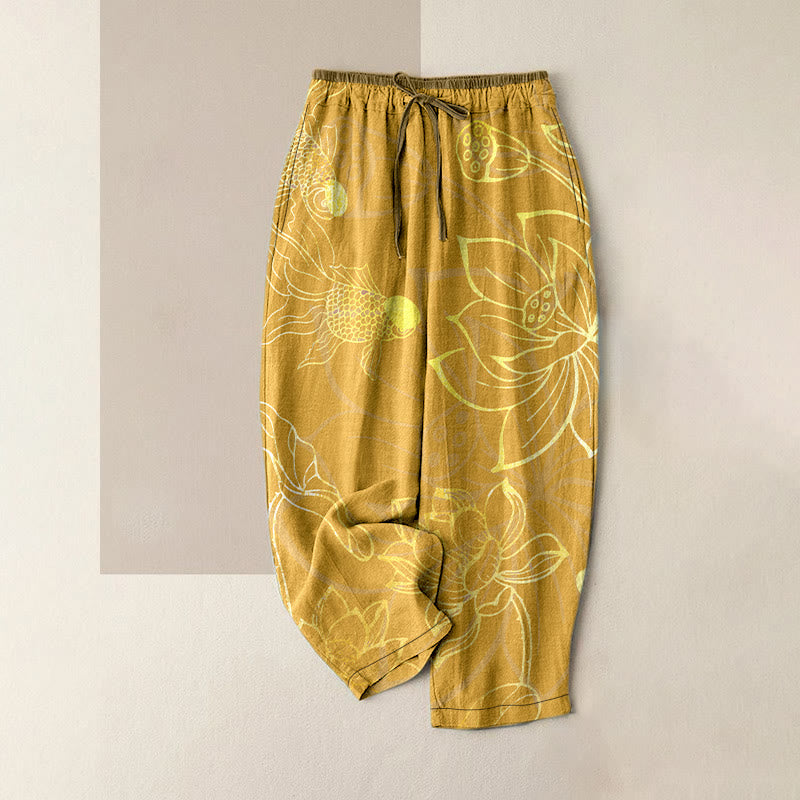 Buddha Stones Pantaloni da donna in cotone casual con elastico in vita e tasche, stampa a foglie di loto e pesci koi. - Oro - US16, UK/AU20, EU48 (3XL) - image 5