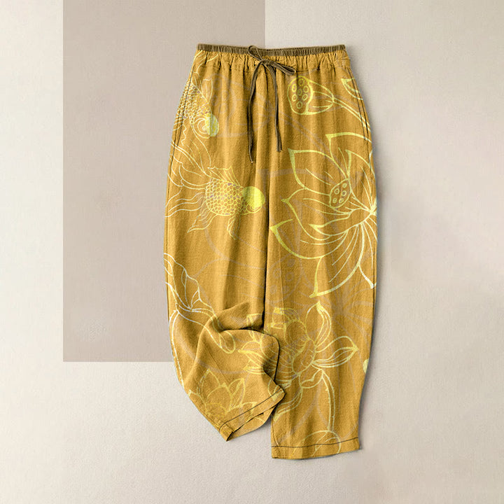 Buddha Stones Pantaloni da donna in cotone casual con elastico in vita e tasche, stampa a foglie di loto e pesci koi. - Oro - US16, UK/AU20, EU48 (3XL) - image 5