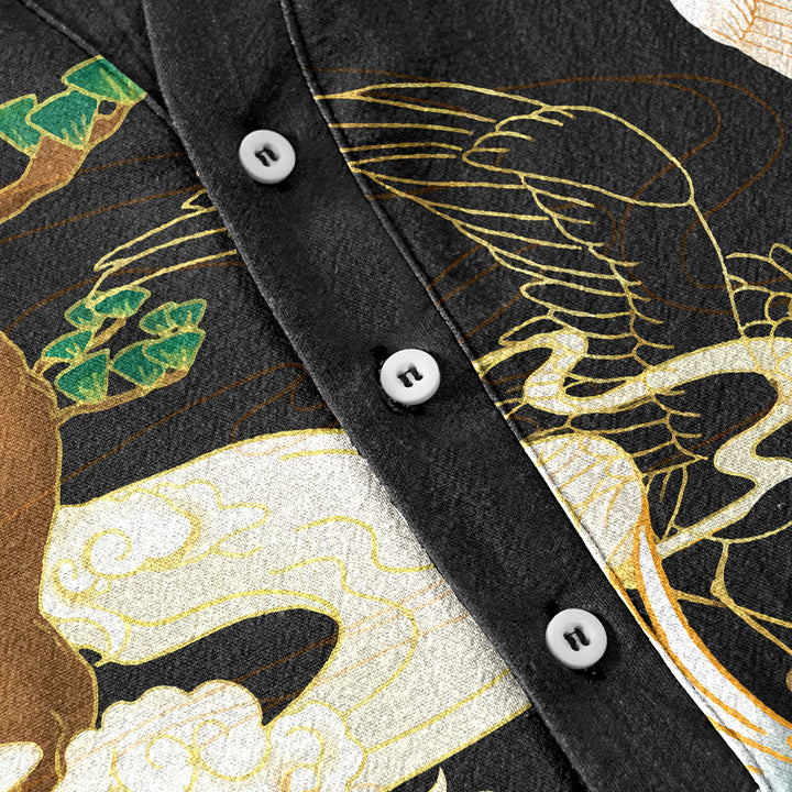 Buddha Stones Camicia da uomo a maniche corte con mezzo bottone, stampa "Cotton Crane Auspicious Clouds Pine Pattern" e motivo a gru di cotone. - image 3