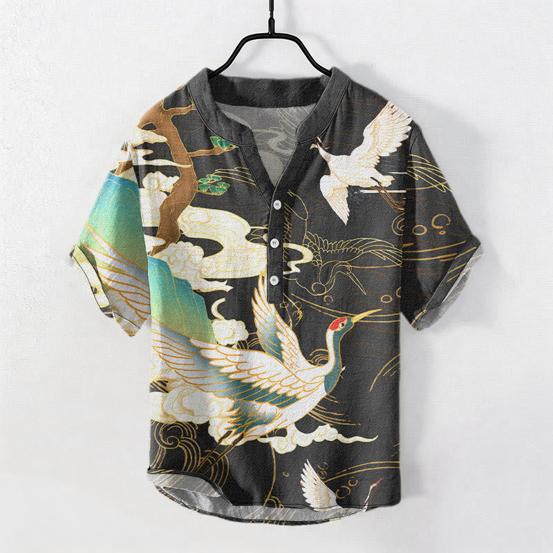 Buddha Stones Camicia da uomo a maniche corte con mezzo bottone, stampa "Cotton Crane Auspicious Clouds Pine Pattern" e motivo a gru di cotone. - Nero - US/UK/AU50, EU60 (5XL) - image 0
