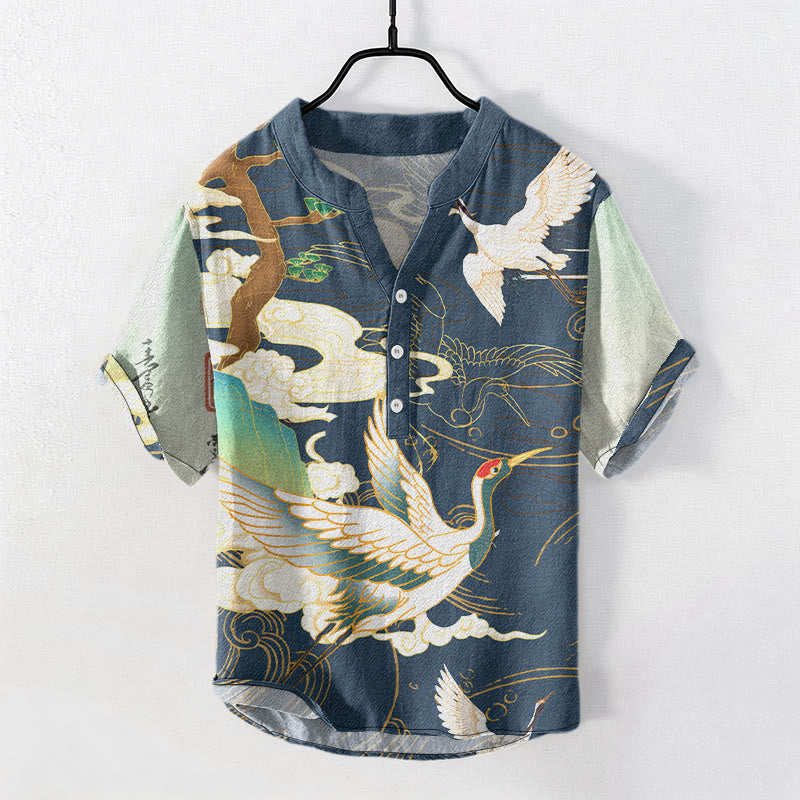 Buddha Stones Camicia da uomo a maniche corte con mezzo bottone, stampa "Cotton Crane Auspicious Clouds Pine Pattern" e motivo a gru di cotone. - SteelBlue - US/UK/AU50, EU60 (5XL) - image 4