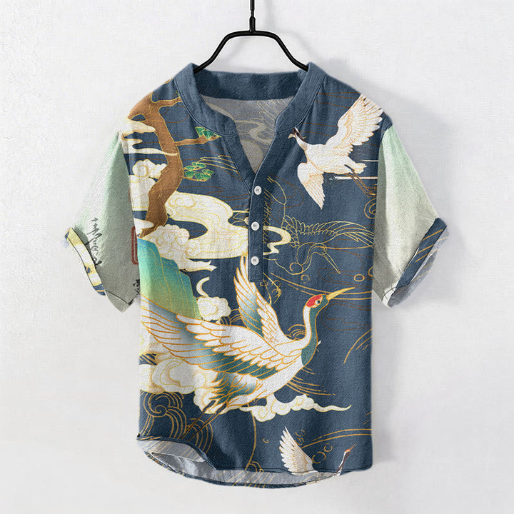 Buddha Stones Camicia da uomo a maniche corte con mezzo bottone, stampa "Cotton Crane Auspicious Clouds Pine Pattern" e motivo a gru di cotone. - SteelBlue - US/UK/AU50, EU60 (5XL) - image 4