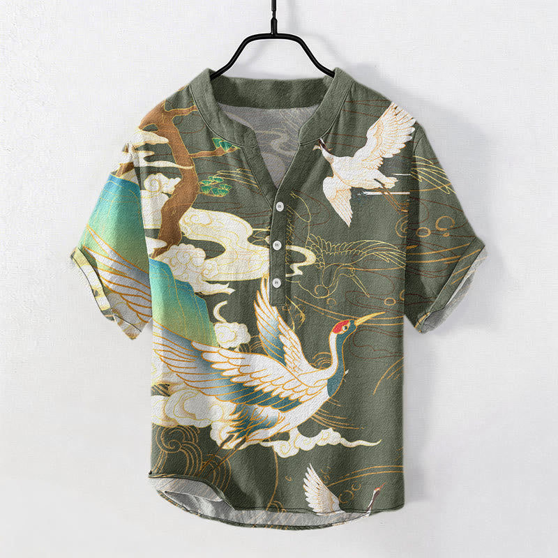 Buddha Stones Camicia da uomo a maniche corte con mezzo bottone, stampa "Cotton Crane Auspicious Clouds Pine Pattern" e motivo a gru di cotone. - Verde Mare Scuro - US/UK/AU50, EU60 (5XL) - image 6