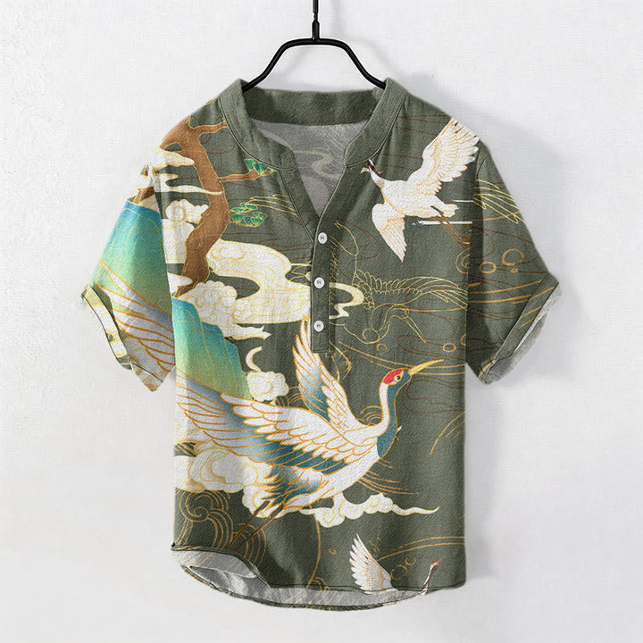 Buddha Stones Camicia da uomo a maniche corte con mezzo bottone, stampa "Cotton Crane Auspicious Clouds Pine Pattern" e motivo a gru di cotone. - Verde Mare Scuro - US/UK/AU50, EU60 (5XL) - image 6