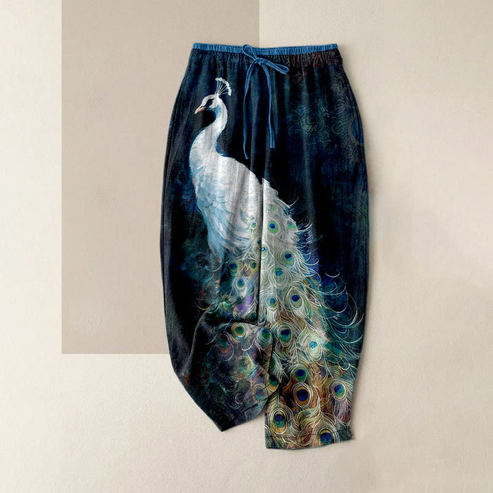 Buddha Stones Pantaloni da donna in cotone, casual, con splendido motivo a pavone, vita elasticizzata e tasche. - Blu notte - US16, UK/AU20, EU48 (3XL) - image 0