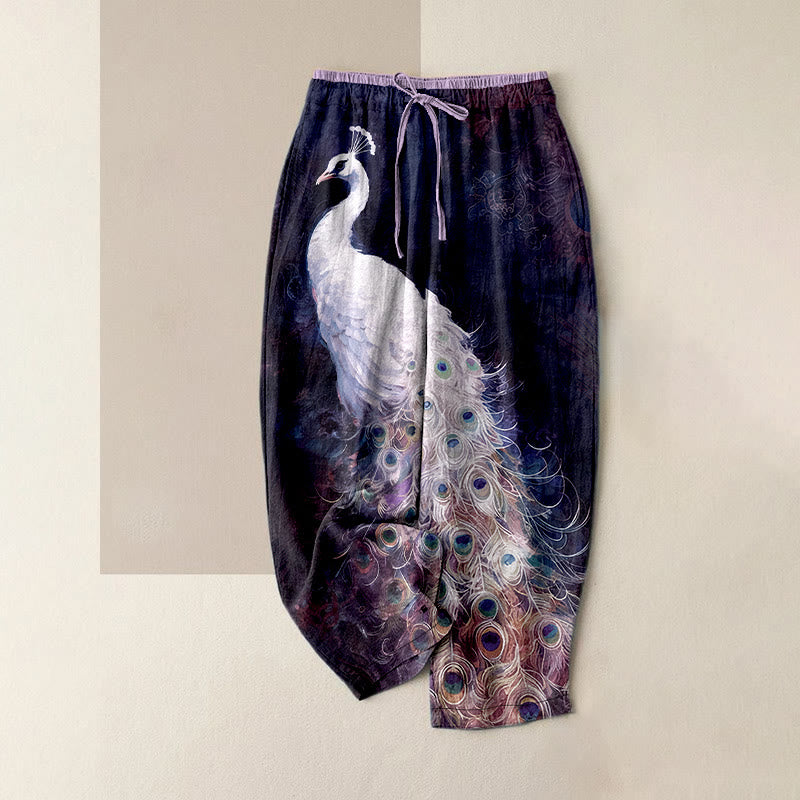Buddha Stones Pantaloni da donna in cotone, casual, con splendido motivo a pavone, vita elasticizzata e tasche. - Indaco - US16, UK/AU20, EU48 (3XL) - image 5
