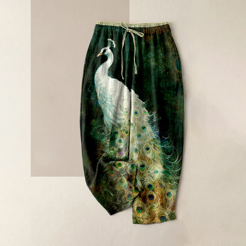 Buddha Stones Pantaloni da donna in cotone, casual, con splendido motivo a pavone, vita elasticizzata e tasche. - Verde scuro - US16, UK/AU20, EU48 (3XL) - image 4