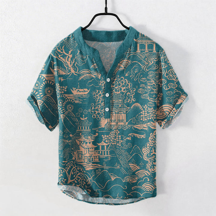 Buddha Stones Camicia da uomo a maniche corte con mezzo bottone, in cotone, con motivo paesaggistico Nature Towers. - Cadetto Blu - US/UK/AU50, EU60 (5XL) - image 0