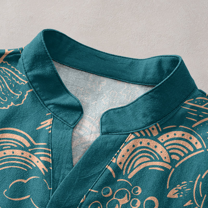 Buddha Stones Camicia da uomo a maniche corte con mezzo bottone, in cotone, con motivo paesaggistico Nature Towers. - image 2