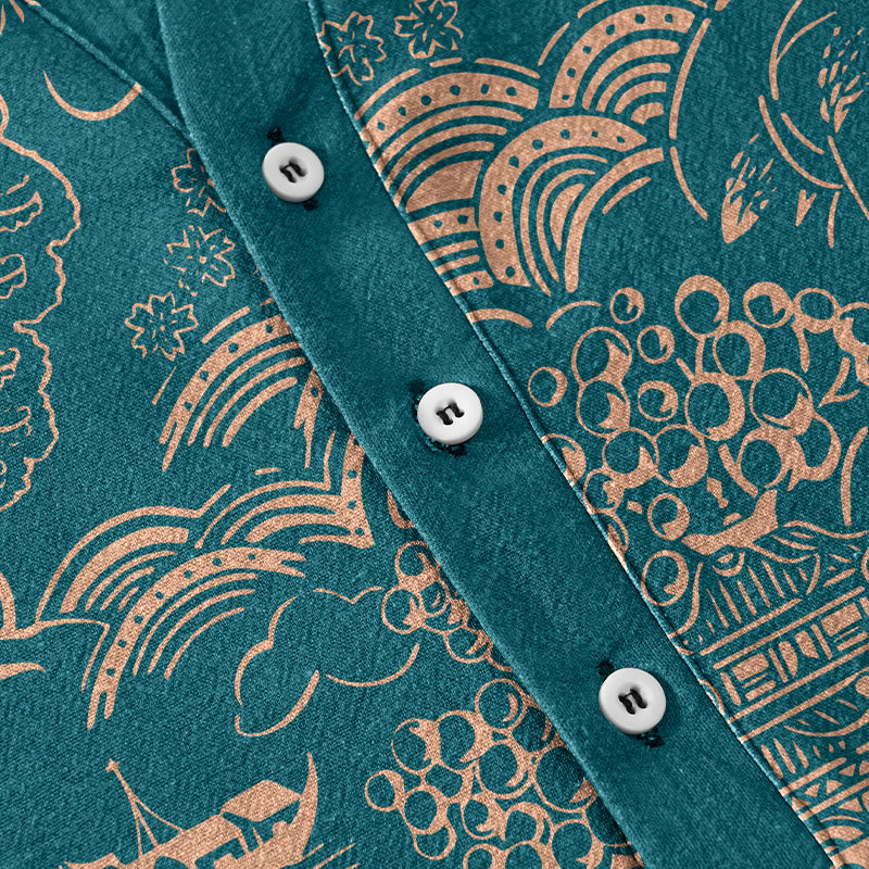 Buddha Stones Camicia da uomo a maniche corte con mezzo bottone, in cotone, con motivo paesaggistico Nature Towers. - image 3