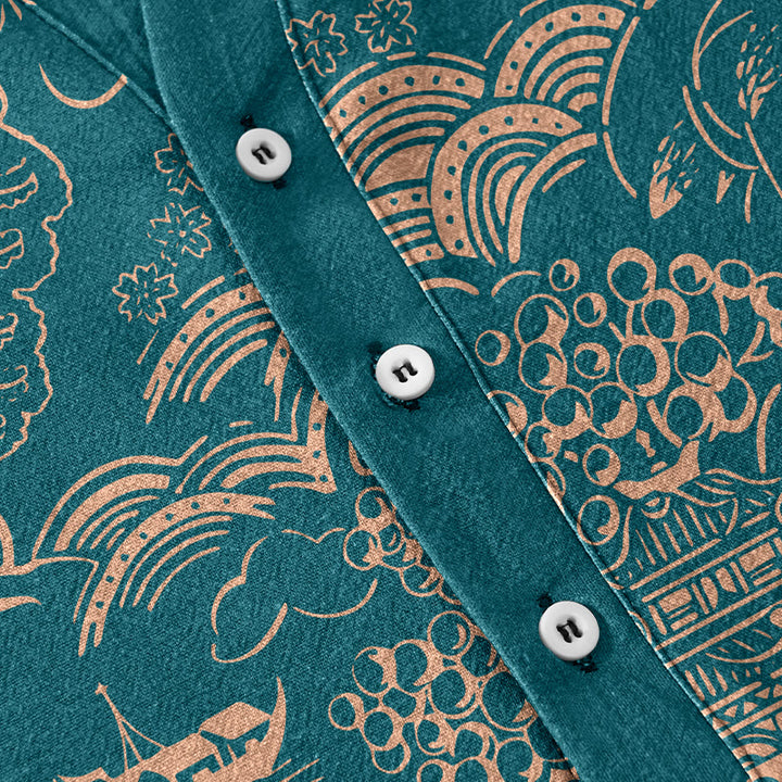 Buddha Stones Camicia da uomo a maniche corte con mezzo bottone, in cotone, con motivo paesaggistico Nature Towers. - image 3