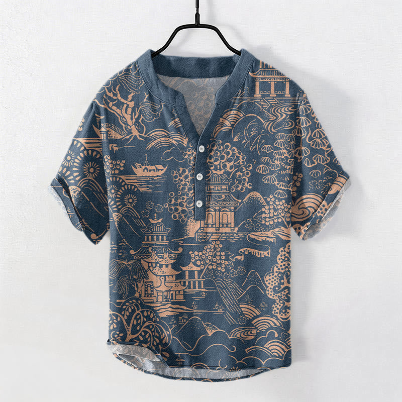 Buddha Stones Camicia da uomo a maniche corte con mezzo bottone, in cotone, con motivo paesaggistico Nature Towers. - SteelBlue - US/UK/AU50, EU60 (5XL) - image 4