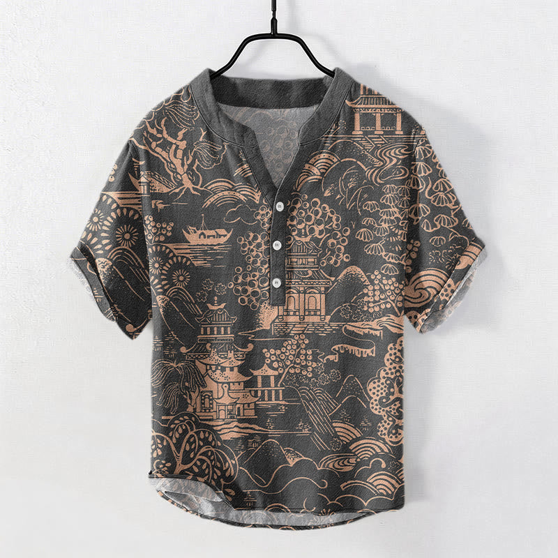 Buddha Stones Camicia da uomo a maniche corte con mezzo bottone, in cotone, con motivo paesaggistico Nature Towers. - Grigio tenue - US/UK/AU50, EU60 (5XL) - image 6