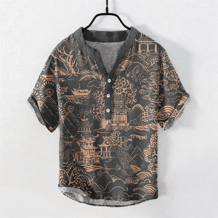 Buddha Stones Camicia da uomo a maniche corte con mezzo bottone, in cotone, con motivo paesaggistico Nature Towers. - Grigio tenue - US/UK/AU50, EU60 (5XL) - image 6