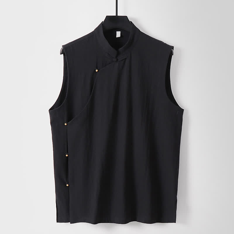 Buddha Stones Gilet estivo da uomo in cotone e lino senza maniche, tinta unita, con colletto alla coreana e bottoni a rana. - Nero - US/UK/AU56，EU66(9XL) - image 12