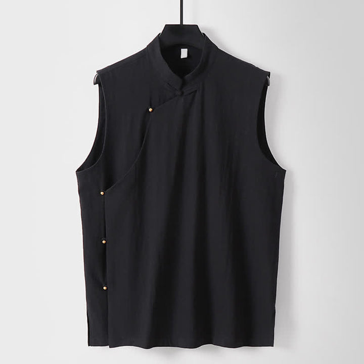 Buddha Stones Gilet estivo da uomo in cotone e lino senza maniche, tinta unita, con colletto alla coreana e bottoni a rana. - Nero - US/UK/AU56，EU66(9XL) - image 12