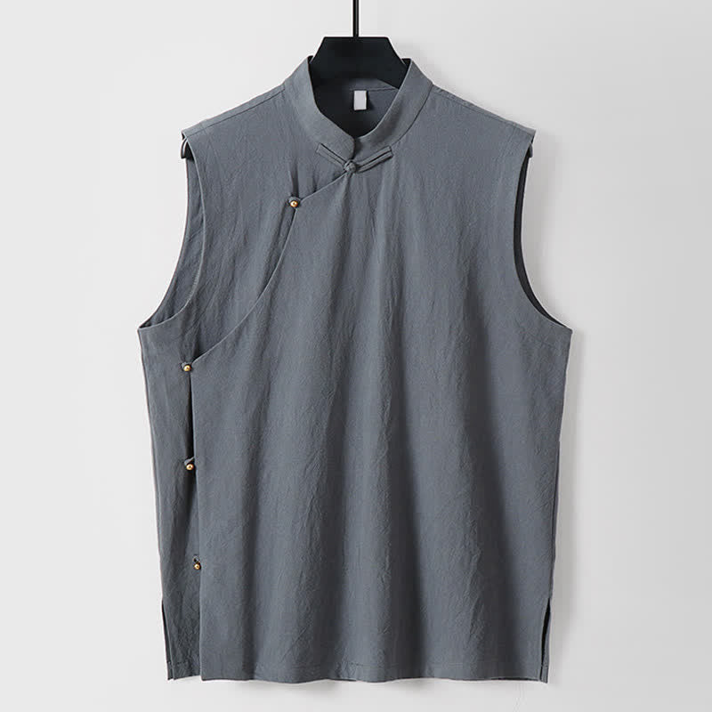 Buddha Stones Gilet estivo da uomo in cotone e lino senza maniche, tinta unita, con colletto alla coreana e bottoni a rana. - Grigio ardesia chiaro - US/UK/AU56，EU66(9XL) - image 10