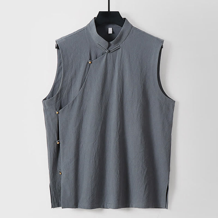 Buddha Stones Gilet estivo da uomo in cotone e lino senza maniche, tinta unita, con colletto alla coreana e bottoni a rana. - Grigio ardesia chiaro - US/UK/AU56，EU66(9XL) - image 10