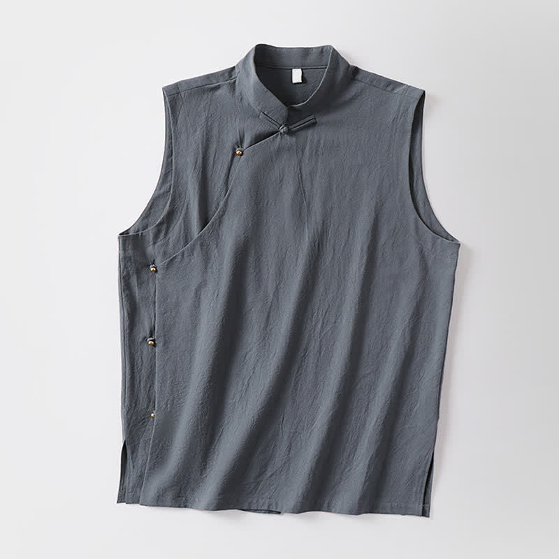 Buddha Stones Gilet estivo da uomo in cotone e lino senza maniche, tinta unita, con colletto alla coreana e bottoni a rana. - image 11