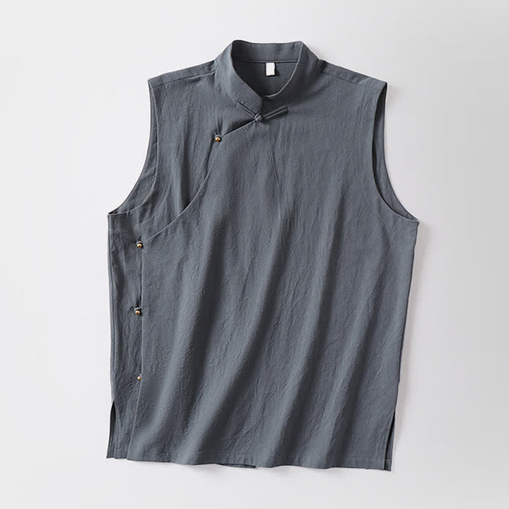 Buddha Stones Gilet estivo da uomo in cotone e lino senza maniche, tinta unita, con colletto alla coreana e bottoni a rana. - image 11