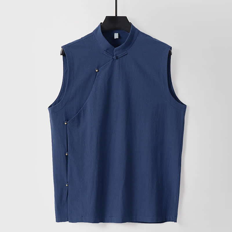 Buddha Stones Gilet estivo da uomo in cotone e lino senza maniche, tinta unita, con colletto alla coreana e bottoni a rana. - Blu scuro - US/UK/AU56，EU66(9XL) - image 0