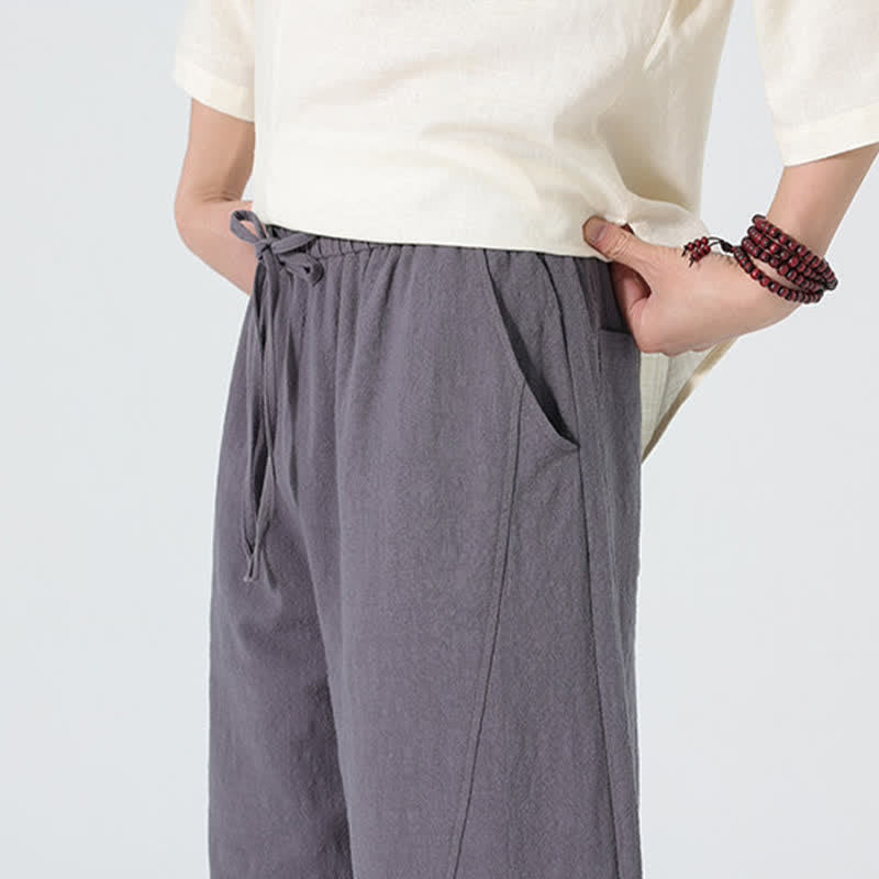 Buddha Stones Pantaloni da uomo primaverili in cotone tinta unita con coulisse e tasche. - image 4